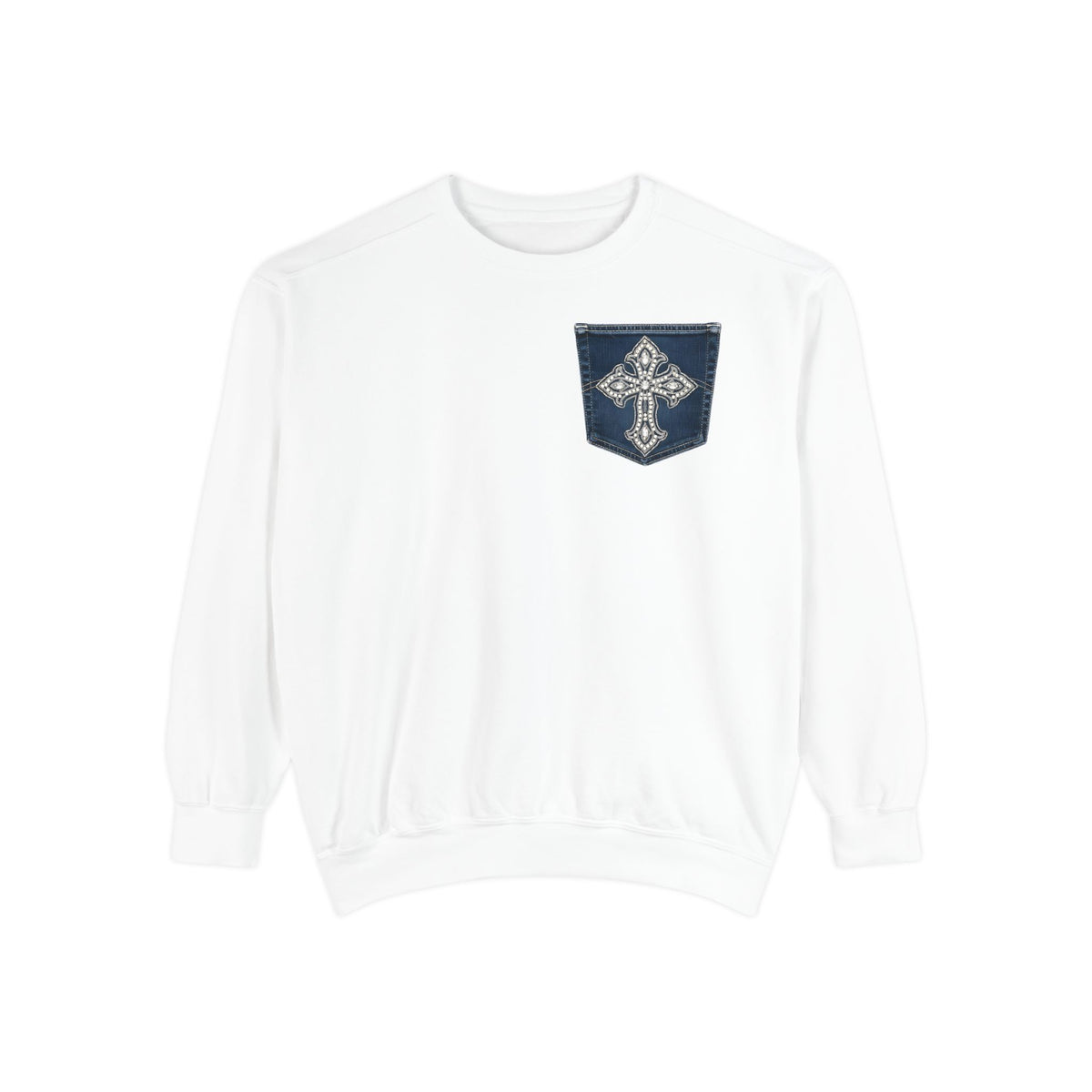 Comfort Colors Faux Denim Pocket Sweatshirt, Cross Pocket Print Crewneck, Garment Dyed Unisex Christian Sweater, Faith Gift for Her Him