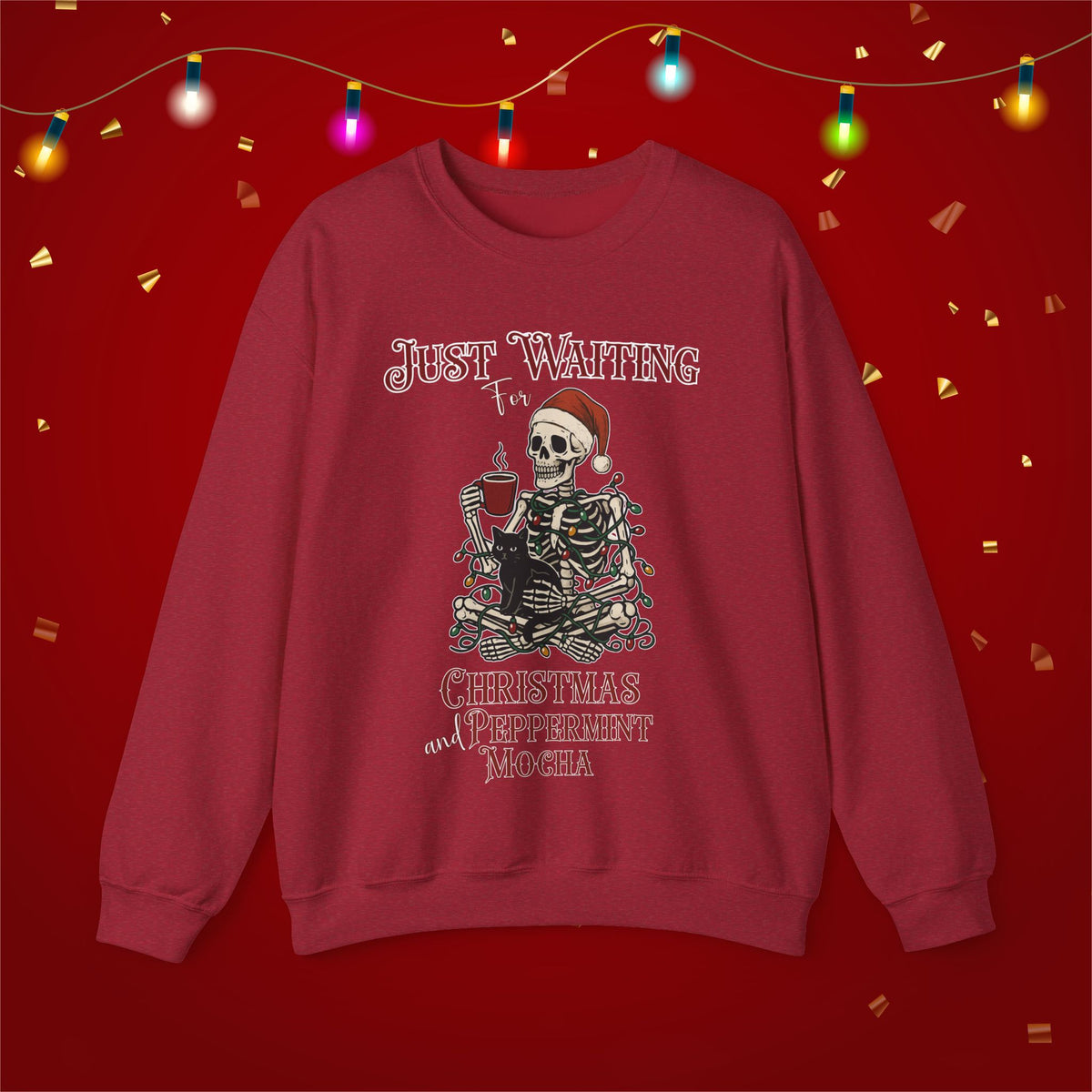 Funny Christmas Sweatshirt Skeleton Waiting for Christmas and Peppermint Mocha Coffee Lover Cat Xmas Sweater Weather