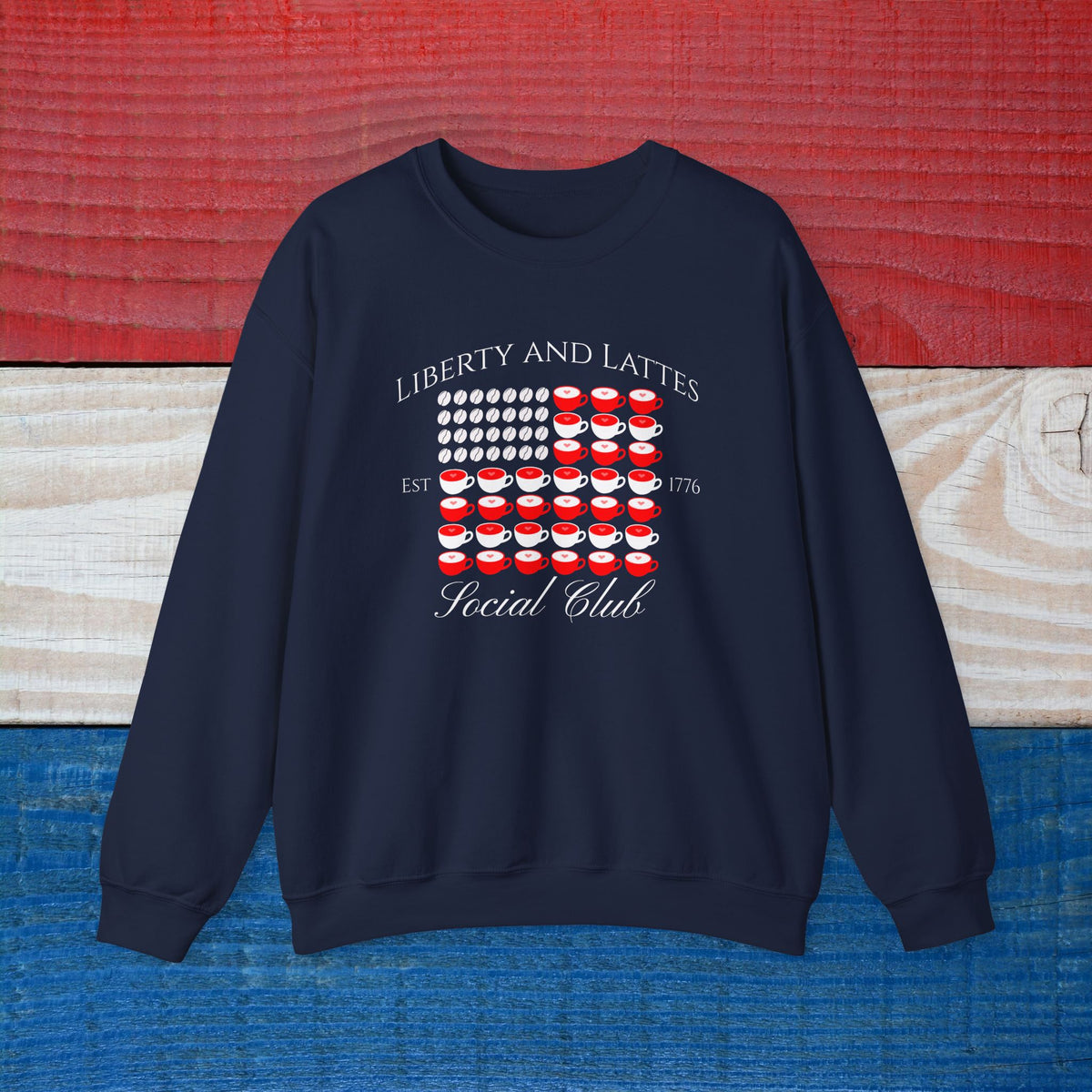 Liberty and Lattes Patriotic American Flag Crewneck Sweatshirt, Coffee Lover Gift, 1776 Shirt, July 4th Sweater, 250th Celebration