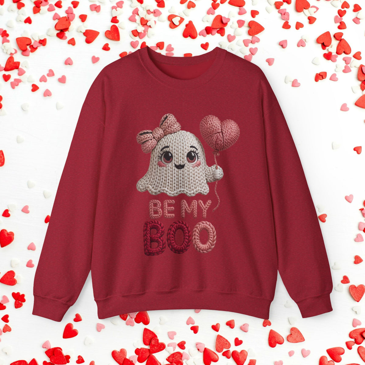 Be My Boo Ghost Sweatshirt, Faux Yarn Valentine Crewneck, Cute Ghost Sweater, Knitted Look Halloween Valentine, Gildan 18000