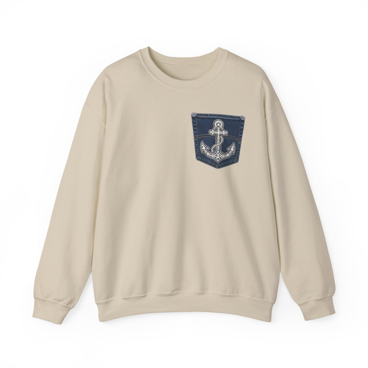 Faux Denim Pocket Sweatshirt, Anchor Pocket Print Crewneck, Jesus Is My Anchor Nautical Christian Sweater, Faith Gift for Her Him