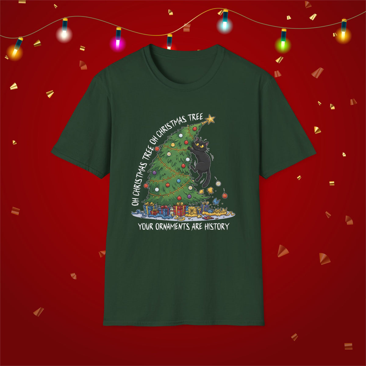 Funny Cat Christmas Shirt What? Christmas Tree Knocked Over Tee Cute Holiday Cat Lover T-Shirt Humorous Xmas Gift for Pet Owners, Soft Style