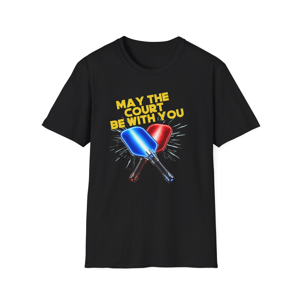 May the Court Be With You Pickleball Paddle Blue Red Light Saber T-Shirt