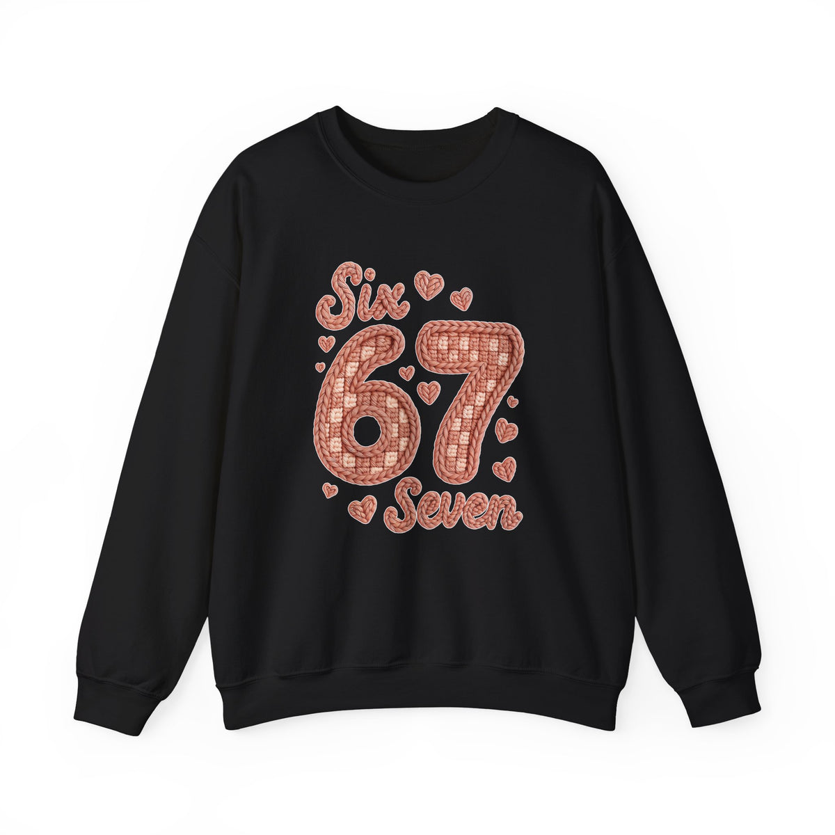 Funny Six Seven Faux Yarn Sweatshirt, 67 Trend Valentine Crewneck, Knitted Look Heart Sweater, Aesthetic Valentine Gift, Cozy Teacher Shirt