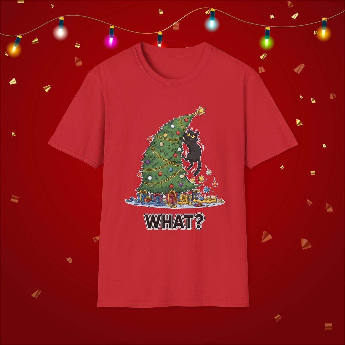 Funny Cat Christmas Shirt What? Christmas Tree Knocked Over Tee Cute Holiday Cat Lover T-Shirt Humorous Xmas Gift for Pet Owners, Soft Style