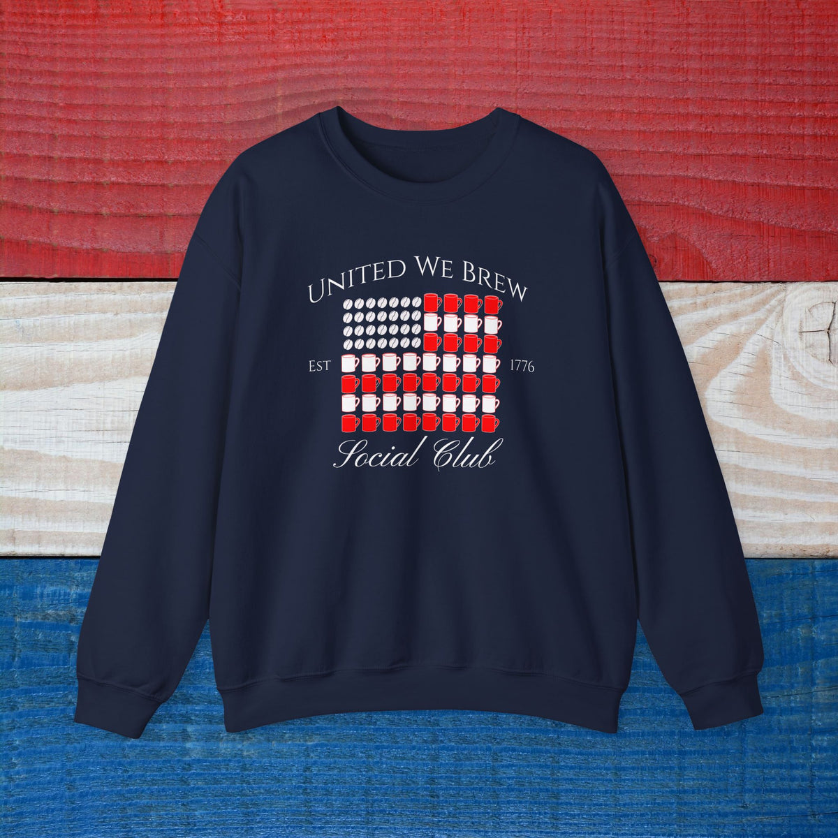United We Brew Patriotic American Flag Crewneck Sweatshirt, Coffee Lover Gift, 1776 Shirt, July 4th Sweater, 250th Celebration