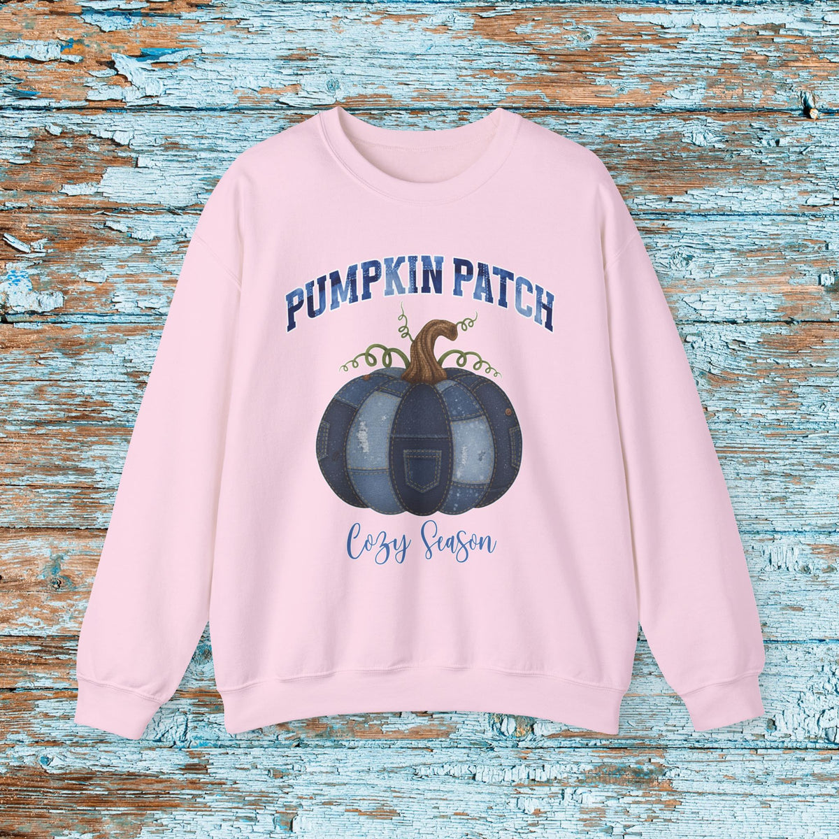 Halloween Pumpkin Patch Denim Patchwork Crewneck Sweatshirt Cute Fall Fun Pumpkin Cozy Season Sweatshirt