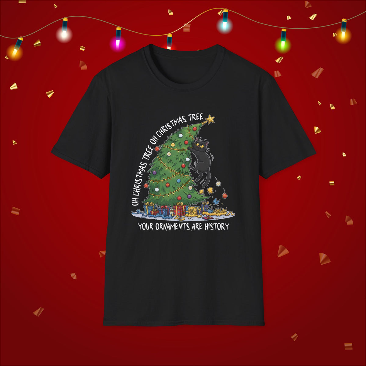Funny Cat Christmas Shirt What? Christmas Tree Knocked Over Tee Cute Holiday Cat Lover T-Shirt Humorous Xmas Gift for Pet Owners, Soft Style