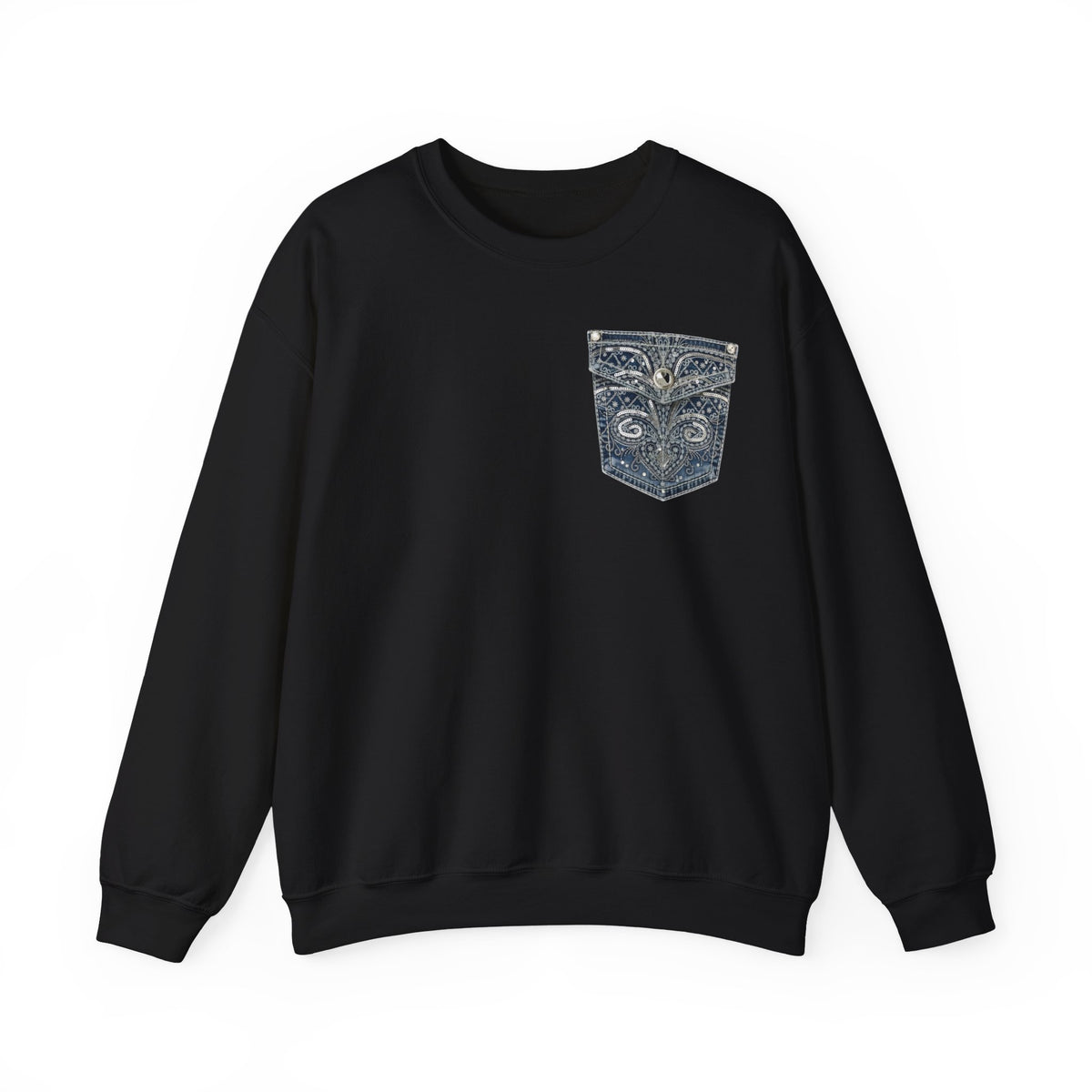 Faux Denim Pocket Sweatshirt, Bling Pocket Print Crewneck, Cozy Fun Denim Bling Pocket Look Sweater