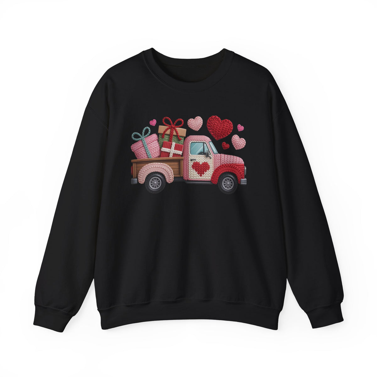 Valentine Truck Faux Yarn Sweatshirt, Pink Gildan 18000 Crewneck, Knitted Look Valentine Sweater, Vintage Truck Heart Gift