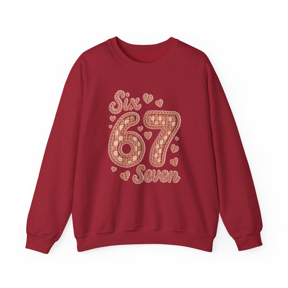 Funny Six Seven Faux Yarn Sweatshirt, 67 Trend Valentine Crewneck, Knitted Look Heart Sweater, Aesthetic Valentine Gift, Cozy Teacher Shirt