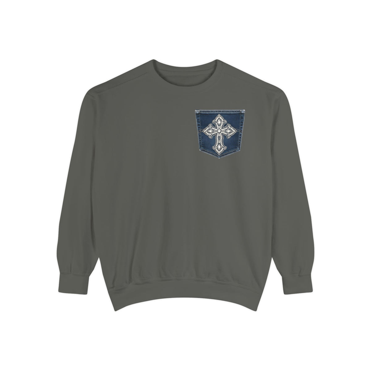 Comfort Colors Faux Denim Pocket Sweatshirt, Cross Pocket Print Crewneck, Garment Dyed Unisex Christian Sweater, Faith Gift for Her Him