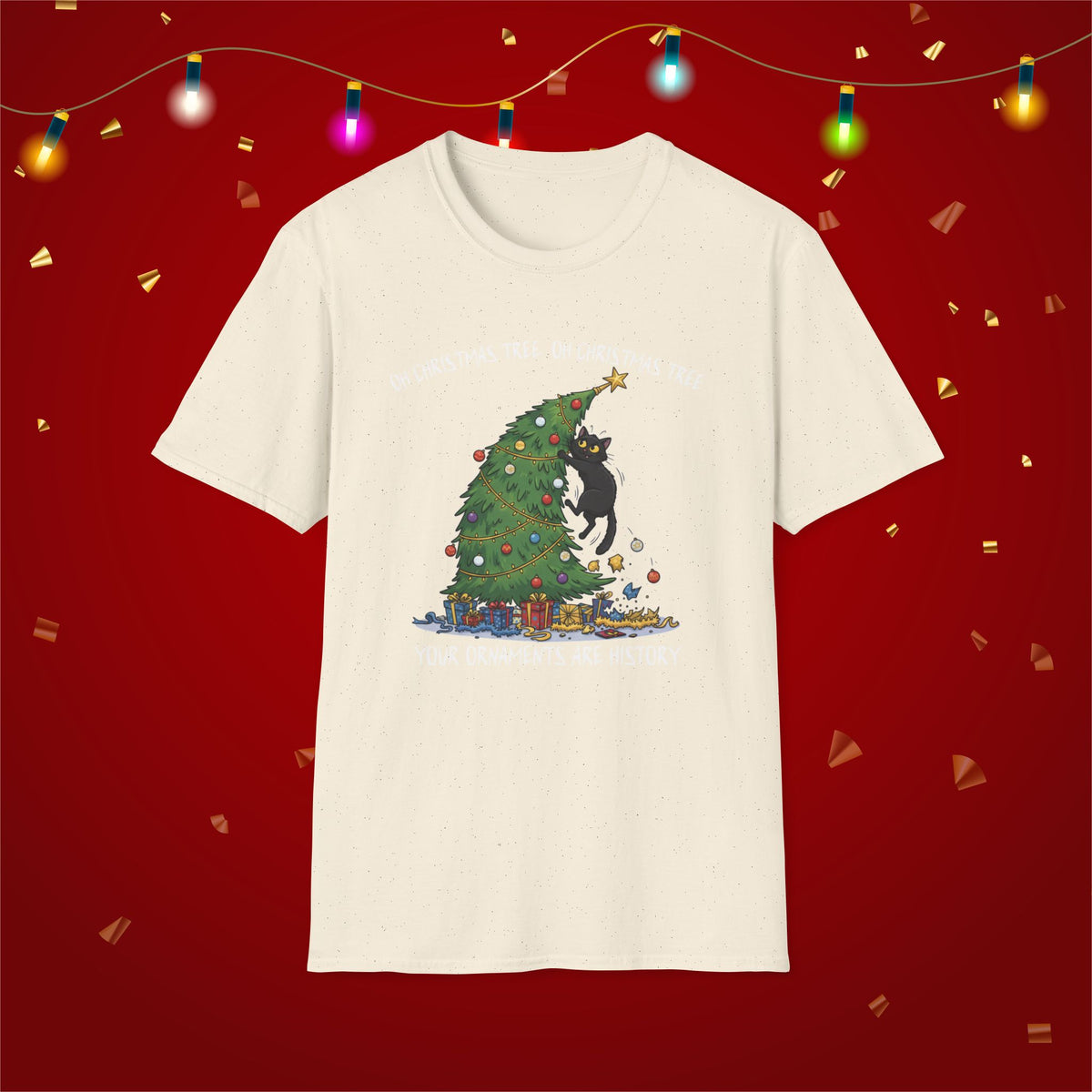 Funny Cat Christmas Shirt What? Christmas Tree Knocked Over Tee Cute Holiday Cat Lover T-Shirt Humorous Xmas Gift for Pet Owners, Soft Style