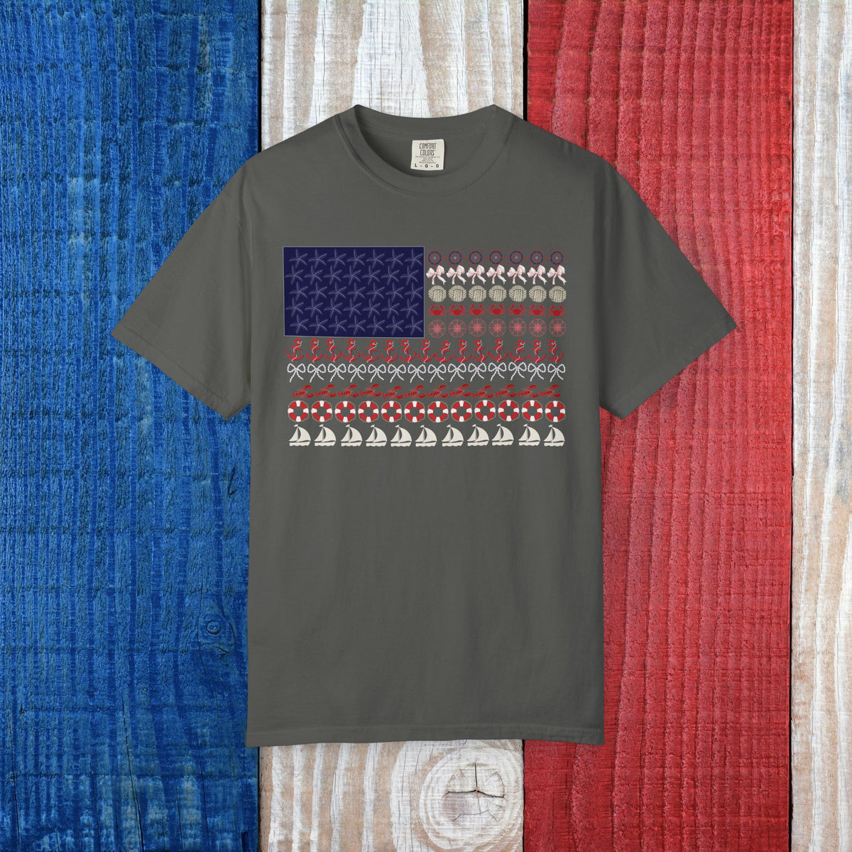 Comfort Colors American Flag Nautical Coquette Bow Anchor Shirt with Lobster and Crab Stars and Stripes July 4th Cruise Shirt