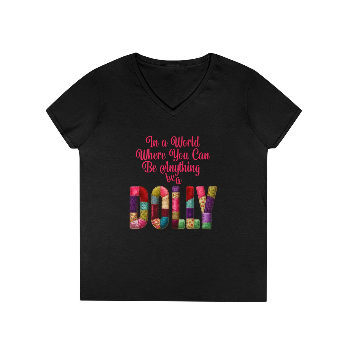 Dolly Tribute Shirt, Coat of Many Colors, Faux Quilt, Patchwork Aesthetic T-Shirt, Ladies' V-Neck T-Shirt