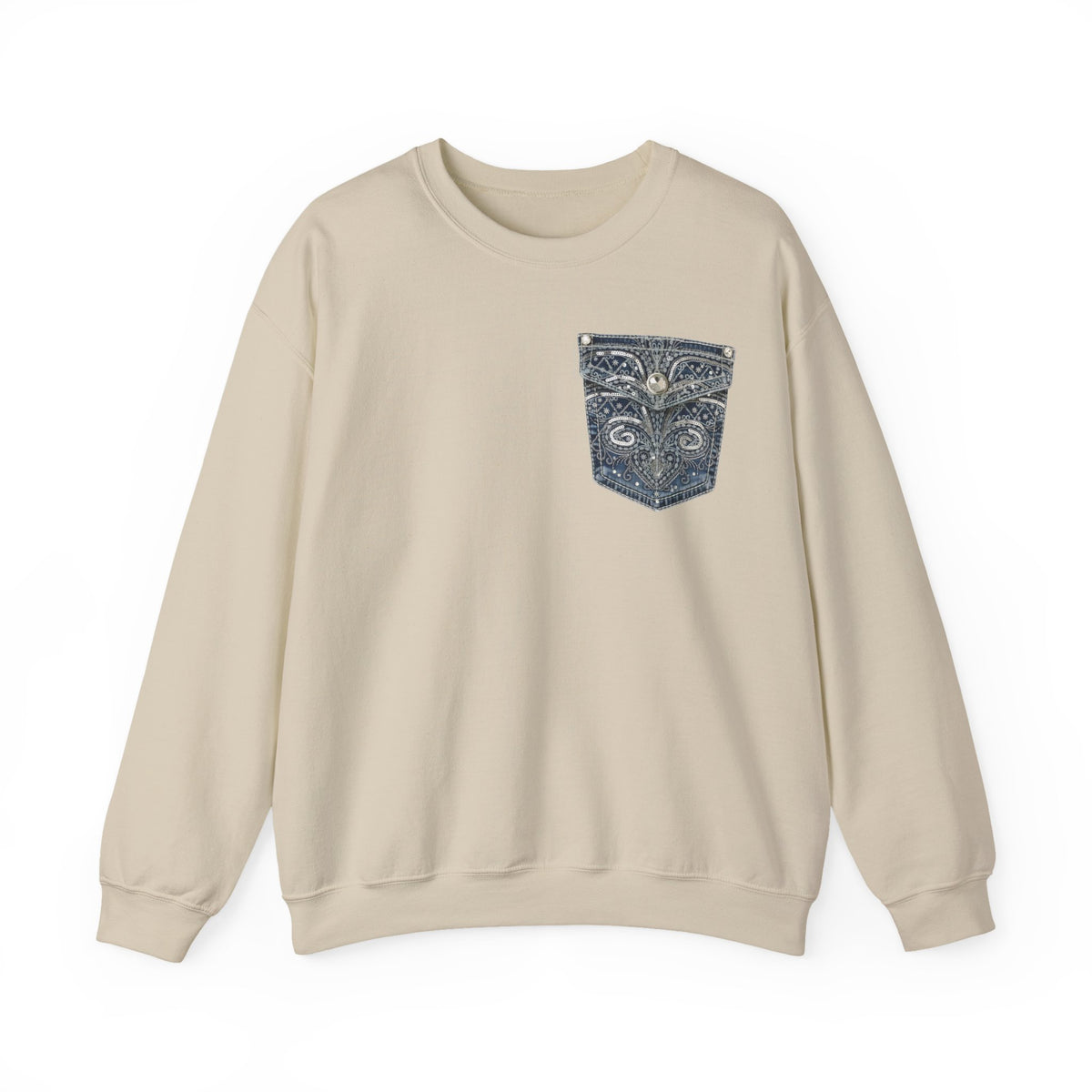 Faux Denim Pocket Sweatshirt, Embellished Pocket Crewneck, Unisex Cozy Sweater, Gildan 18000 Pullover Gift