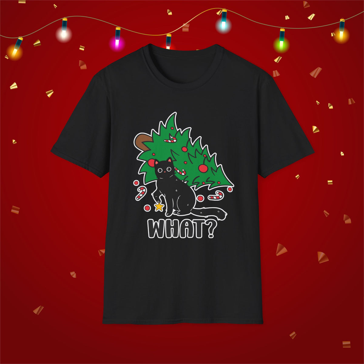 Funny Cat Christmas Shirt What? Christmas Tree Knocked Over Tee Cute Holiday Cat Lover T-Shirt Humorous Xmas Gift for Pet Owners, Soft Style