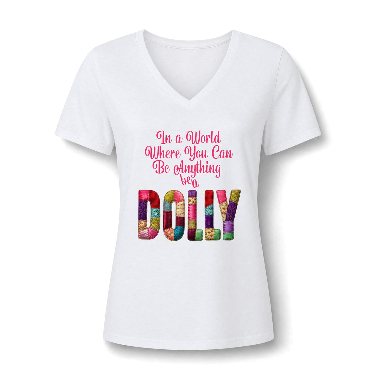 Dolly Tribute Shirt, Coat of Many Colors, Faux Quilt, Patchwork Aesthetic T-Shirt, V-Neck Tee