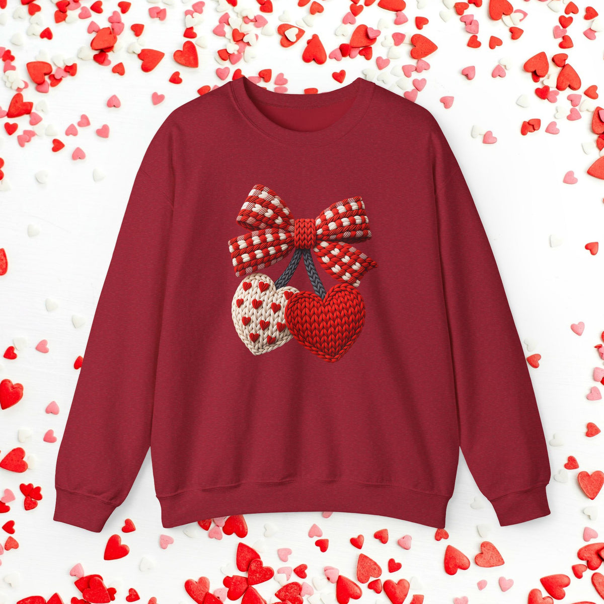 Faux Crochet Heart Cherry Sweatshirt, Valentine Faux Yarn Crewneck, Cozy Valentine Sweater, Romantic Gift for Her, Cute Heart Teacher