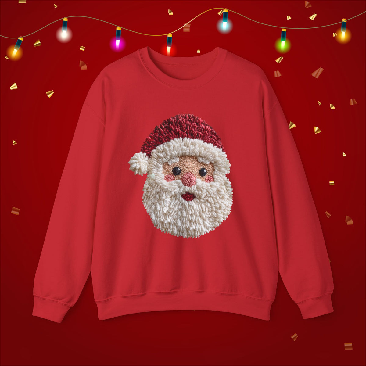 Yarn Look Crochet Santa Sweatshirt, Viral Faux Latch Hook Christmas Shirt, Cute Holiday Sweater, Plus Size Available