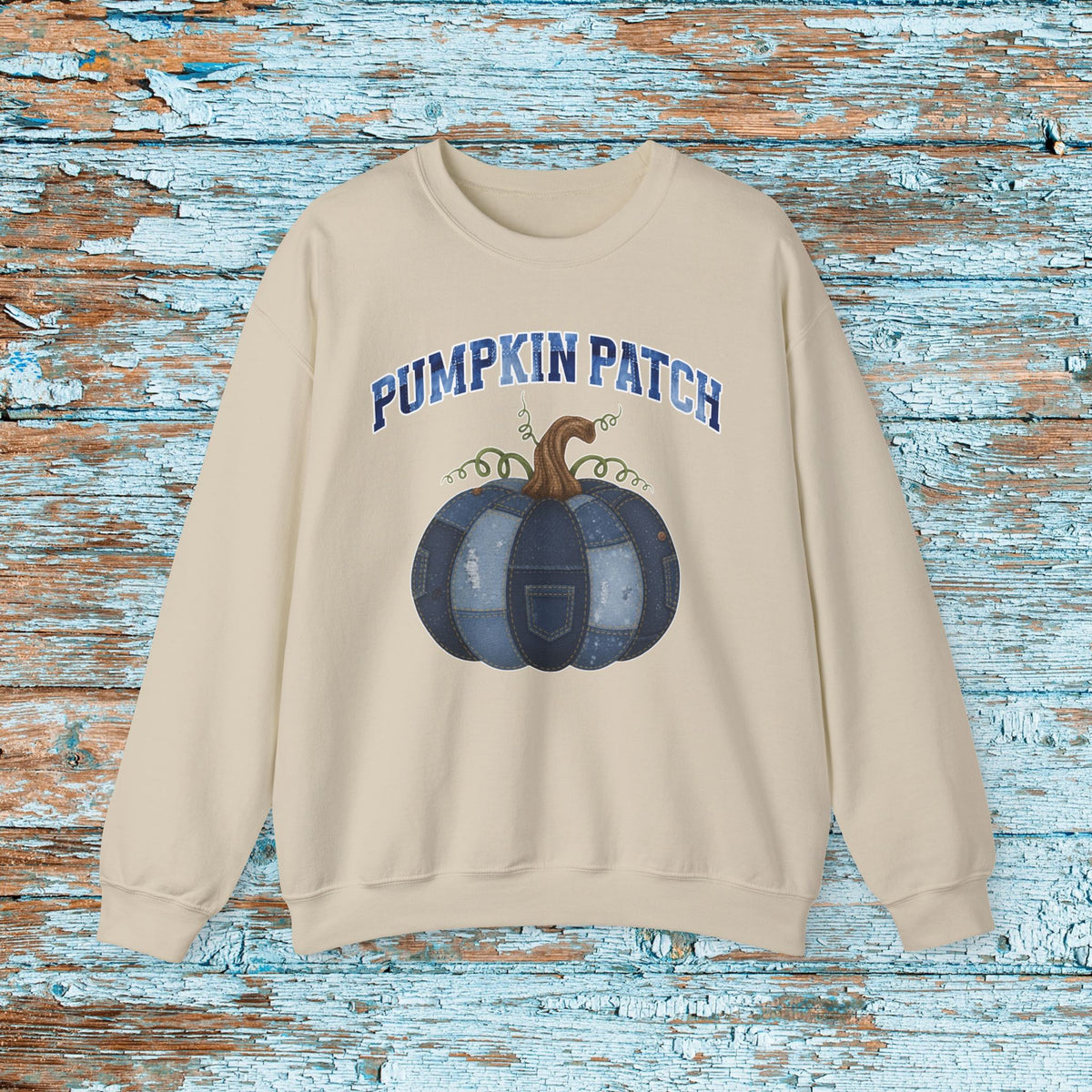 Halloween Pumpkin Patch Denim Patchwork Crewneck Sweatshirt Cute Fall Fun Pumpkin Cozy Season Sweatshirt