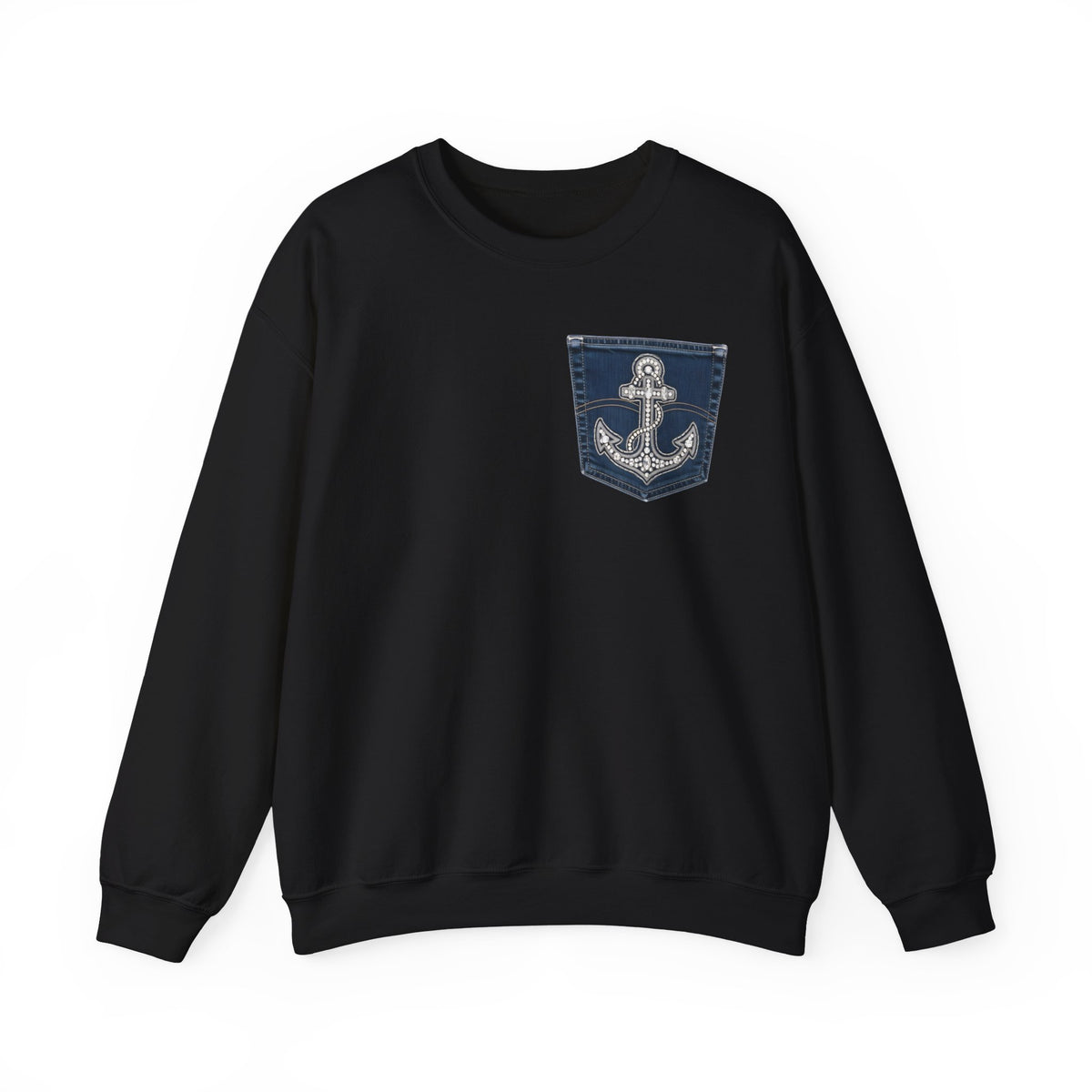 Faux Denim Pocket Sweatshirt, Anchor Pocket Print Crewneck, Jesus Is My Anchor Nautical Christian Sweater, Faith Gift for Her Him