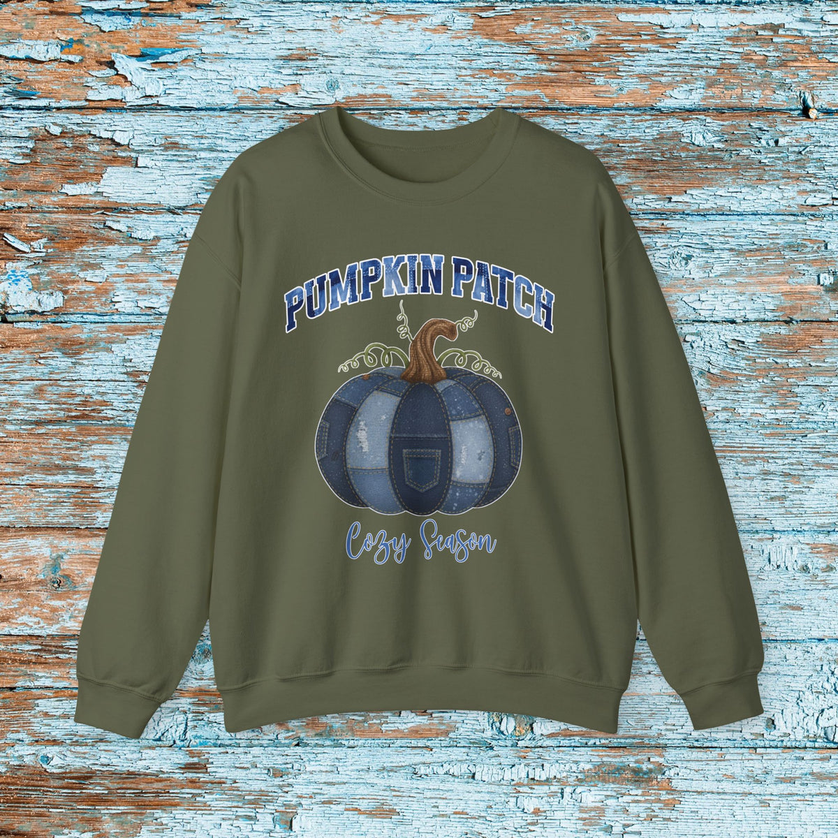Halloween Pumpkin Patch Denim Patchwork Crewneck Sweatshirt Cute Fall Fun Pumpkin Cozy Season Sweatshirt