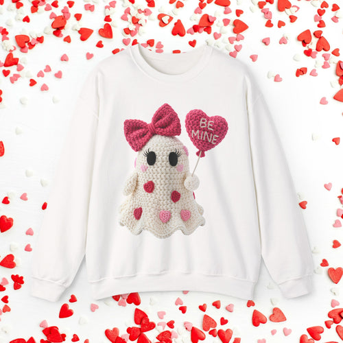 Be My Boo Ghost Sweatshirt, Faux Yarn Valentine Crewneck, Cute Ghost Sweater, Knitted Look Halloween Valentine, Heart Sweater