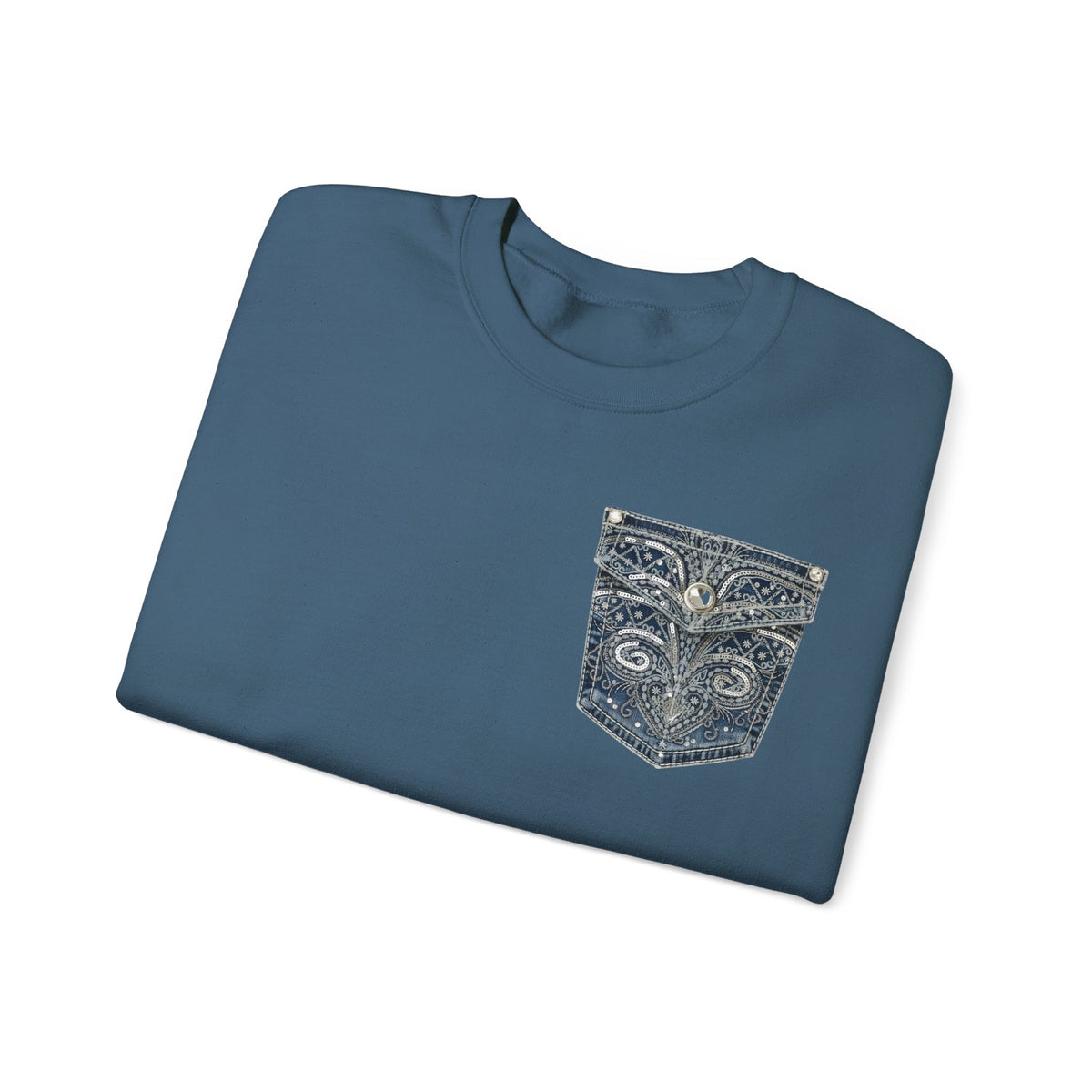 Faux Denim Pocket Sweatshirt, Bling Pocket Print Crewneck, Cozy Fun Denim Bling Pocket Look Sweater
