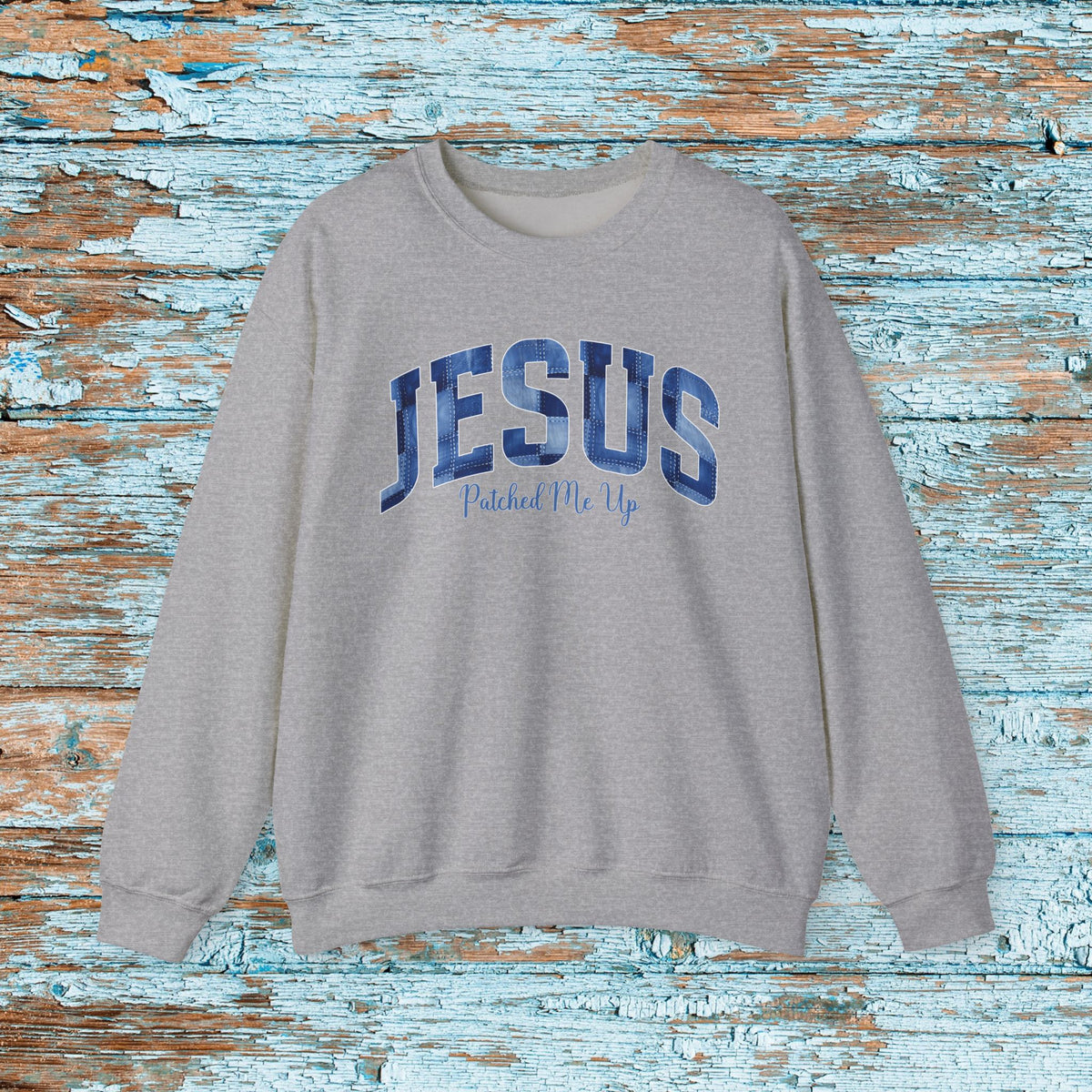 Christian Jesus Denim Patchwork Sweatshirt, Cute Baptism Gift, Cozy Religious Crewneck for Mom or Grandma, Faith Bible Study Church Wear