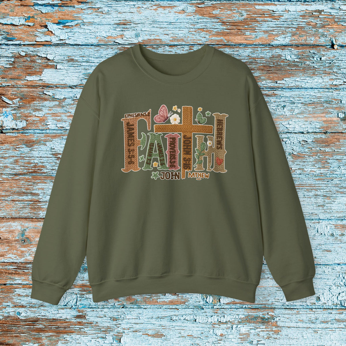 Faith Christian Sweatshirt, Faux Yarn Bible Verse Crewneck, Scripture Cross Floral Gildan 18000 Faith Sweater