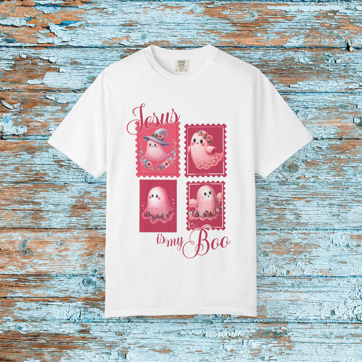 Comfort Colors Christian Halloween Jesus is my Boo Cute Crochet Ghost Postage Stamp Aesthetic Fall T-Shirt