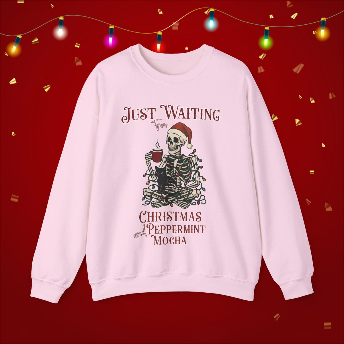 Funny Christmas Sweatshirt Skeleton Waiting for Christmas and Peppermint Mocha Coffee Lover Cat Xmas Sweater Weather