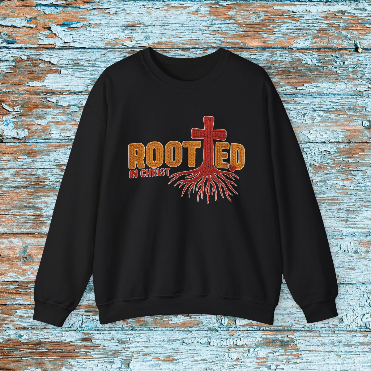 Rooted in Christ Sweatshirt, Christian Crewneck with Cross and Roots, Faith Based Gildan 18000 Unisex Sweater