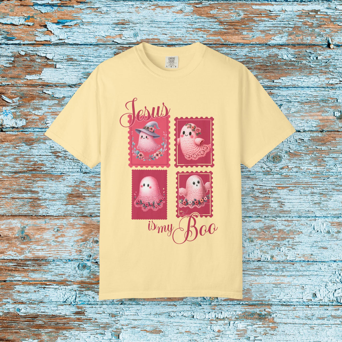 Comfort Colors Christian Halloween Jesus is my Boo Cute Crochet Ghost Postage Stamp Aesthetic Fall T-Shirt