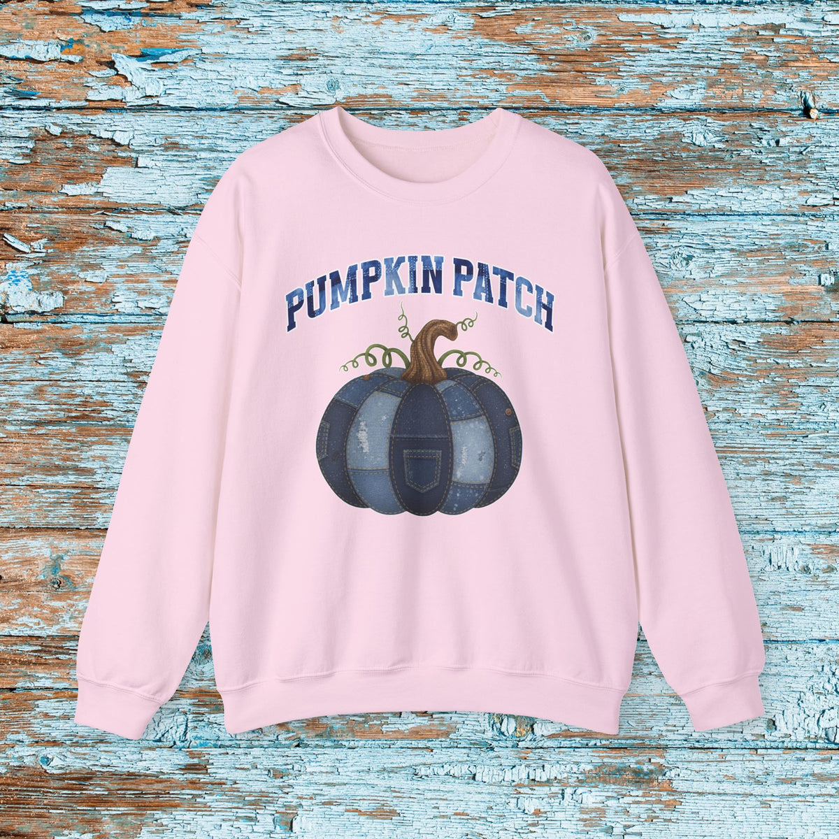 Halloween Pumpkin Patch Denim Patchwork Crewneck Sweatshirt Cute Fall Fun Pumpkin Cozy Season Sweatshirt