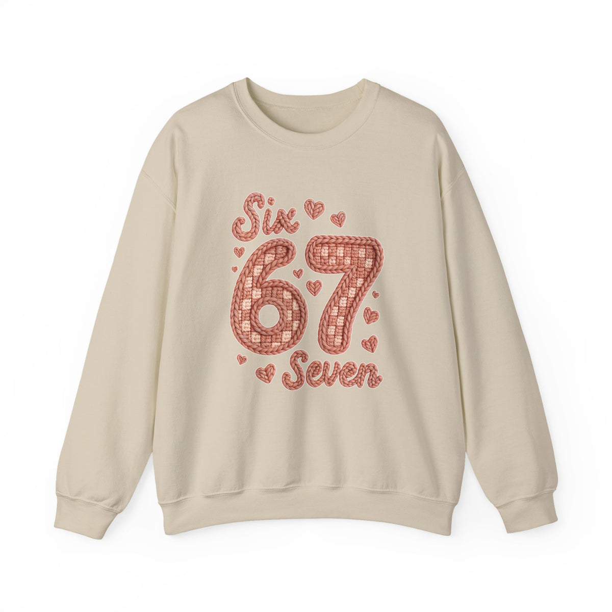 Funny Six Seven Faux Yarn Sweatshirt, 67 Trend Valentine Crewneck, Knitted Look Heart Sweater, Aesthetic Valentine Gift, Cozy Teacher Shirt