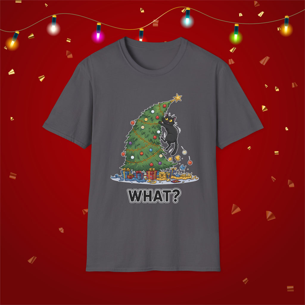 Funny Cat Christmas Shirt What? Christmas Tree Knocked Over Tee Cute Holiday Cat Lover T-Shirt Humorous Xmas Gift for Pet Owners, Soft Style