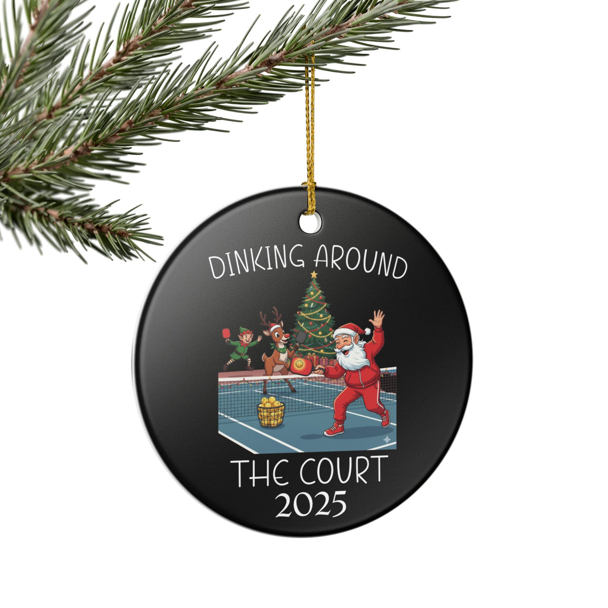 Funny Christmas Ornament Pickleball Santa Dinking Around the Court Ornament | Pickleball Team Gift | Ceramic Holiday Ornament for Players