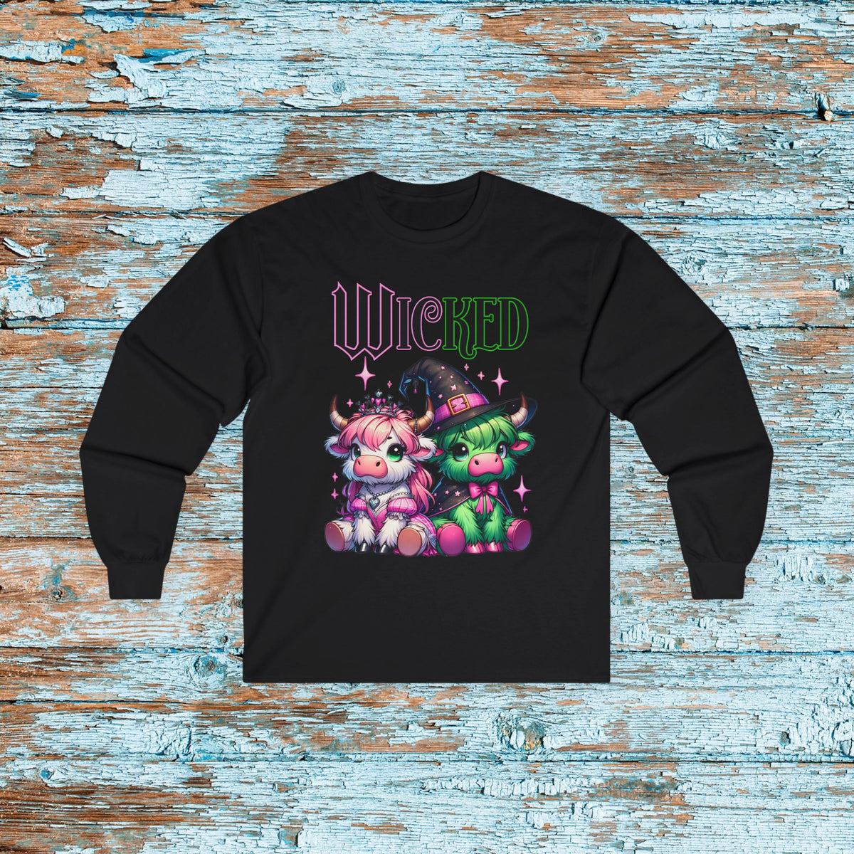 Wicked Highland Cow Colorful Shirt, Defy Gravity Broomstick Magic Wand Shirt, Wizard of Oz Tee, Witch Pink and Green,T-Shirt Long Sleeve Tee
