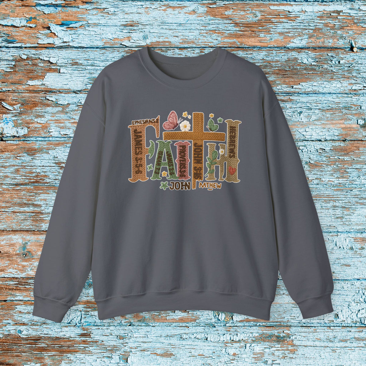 Faith Christian Sweatshirt, Faux Yarn Bible Verse Crewneck, Scripture Cross Floral Gildan 18000 Faith Sweater