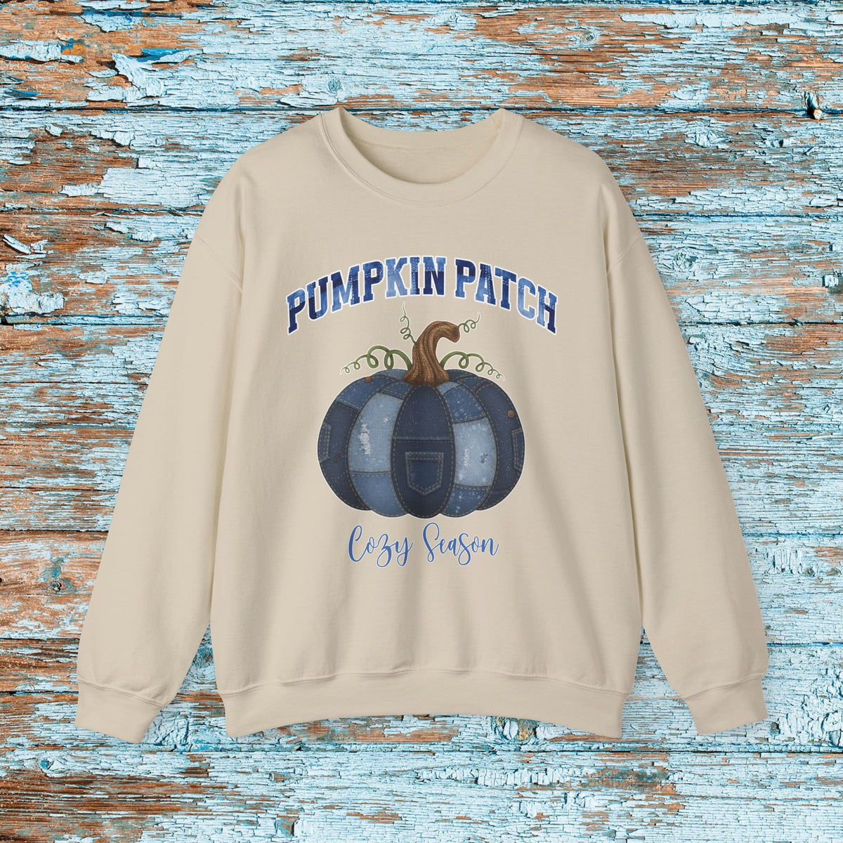 Halloween Pumpkin Patch Denim Patchwork Crewneck Sweatshirt Cute Fall Fun Pumpkin Cozy Season Sweatshirt