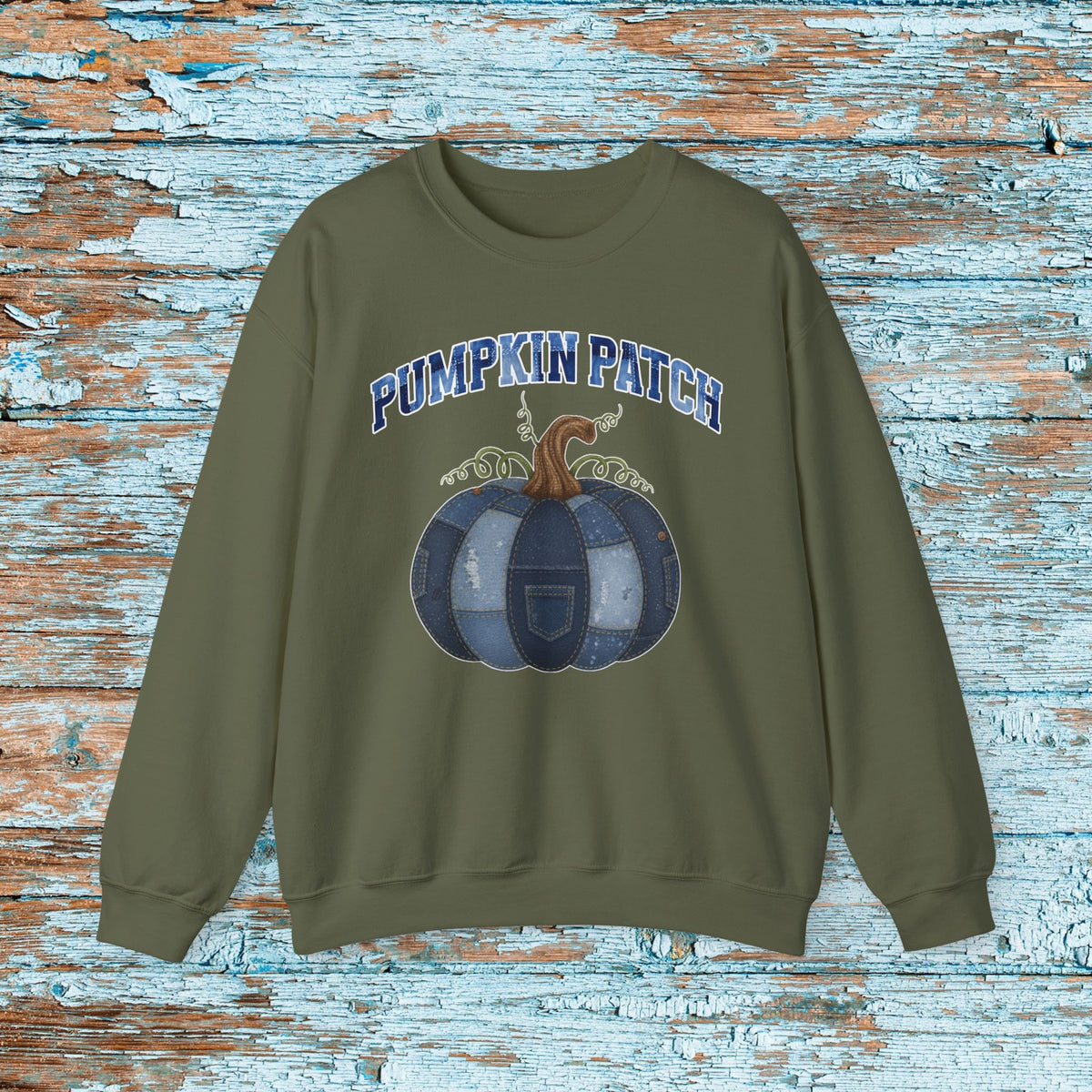 Halloween Pumpkin Patch Denim Patchwork Crewneck Sweatshirt Cute Fall Fun Pumpkin Cozy Season Sweatshirt