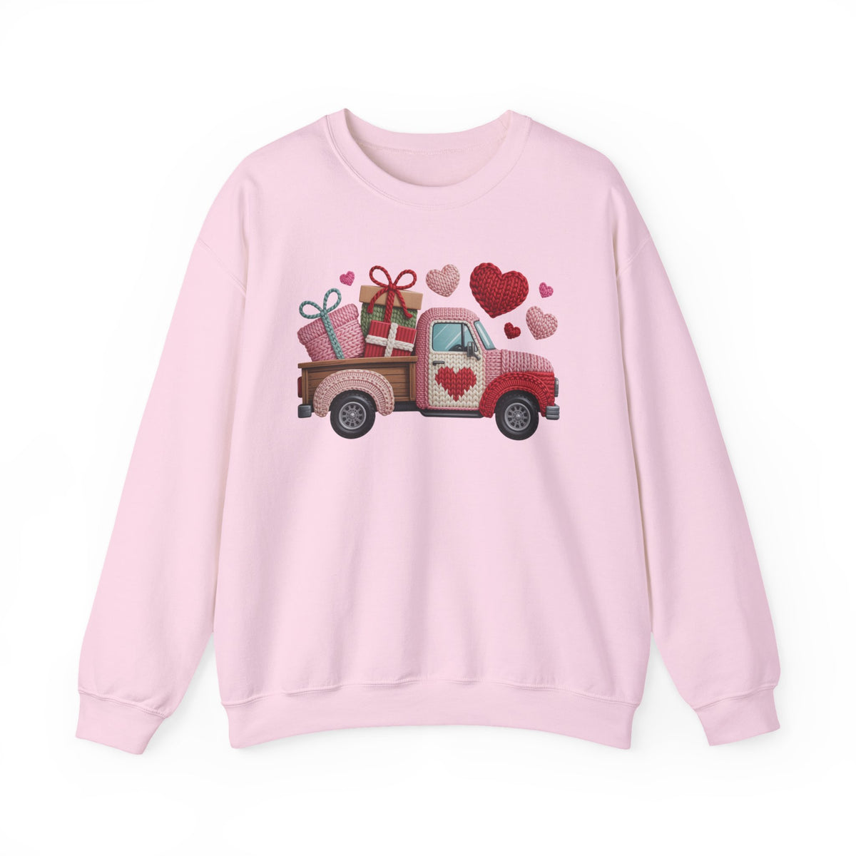 Valentine Truck Faux Yarn Sweatshirt, Pink Gildan 18000 Crewneck, Knitted Look Valentine Sweater, Vintage Truck Heart Gift