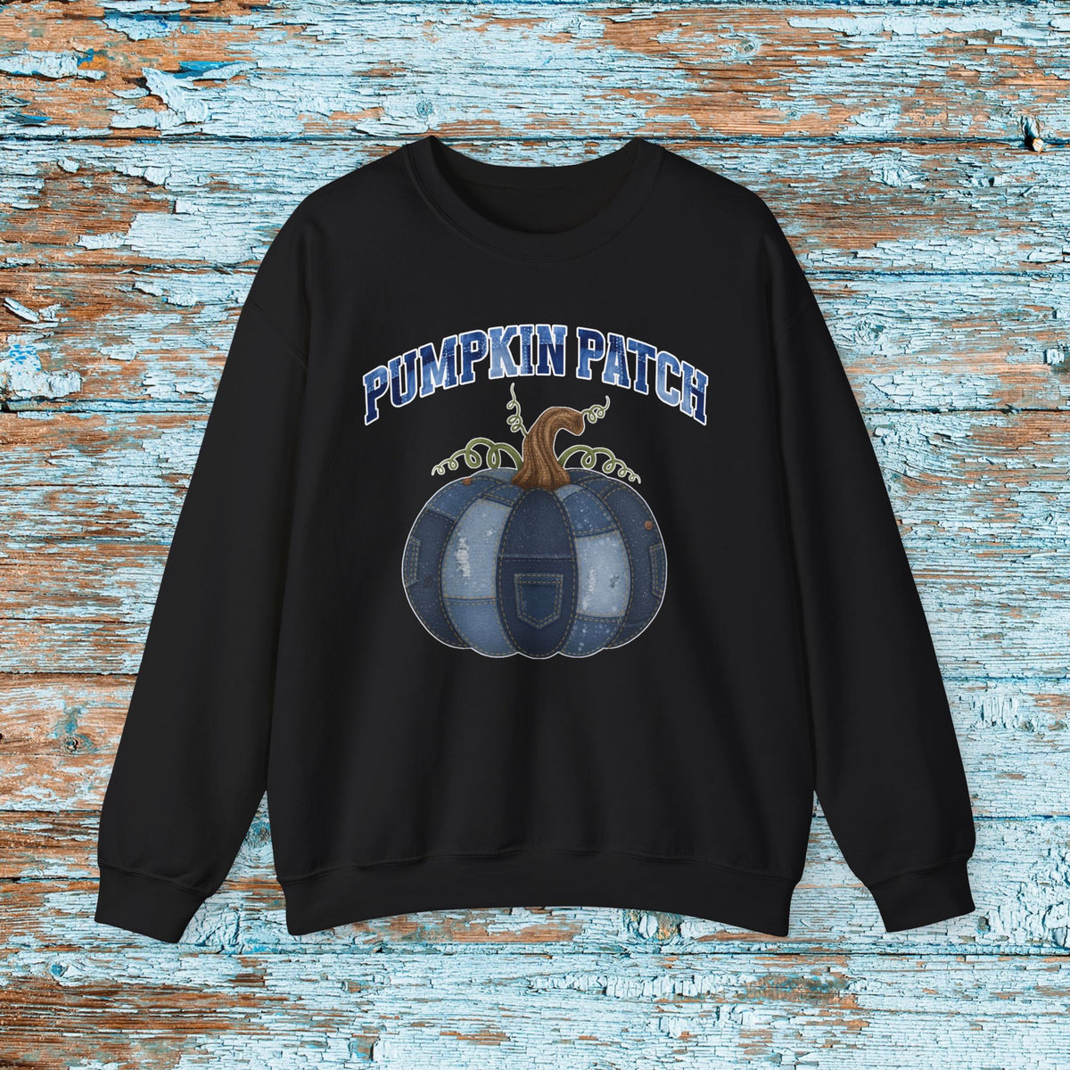 Halloween Pumpkin Patch Denim Patchwork Crewneck Sweatshirt Cute Fall Fun Pumpkin Cozy Season Sweatshirt