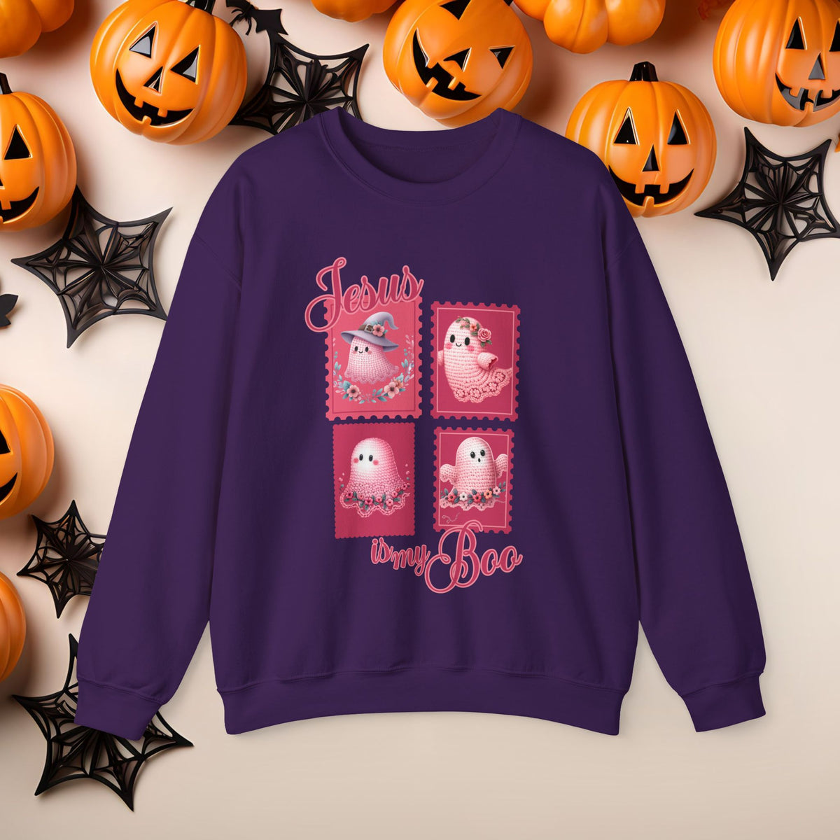 Christian Halloween Jesus is my Boo Cute Fall Fun Spooky Pumpkin Cozy Season Crewneck Sweatshirt Church Small Group Bible Study Shirt