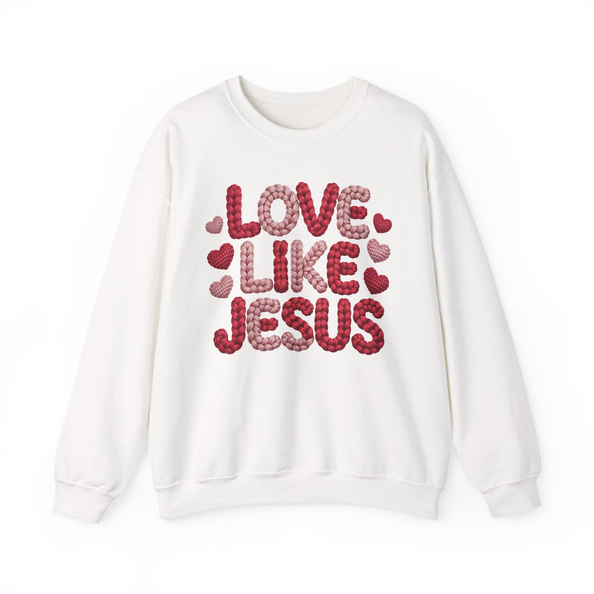 Love Like Jesus Faux Yarn Sweatshirt, Christian Valentine Crewneck, Knitted Look Faith Sweater, Religious Gift for Her Him, Gildan 18000