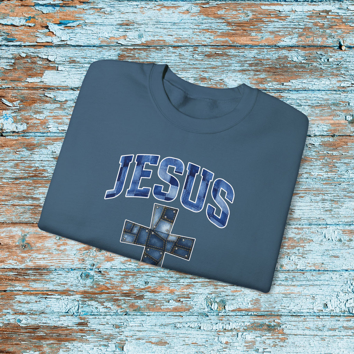 Christian Cross Denim Patchwork Crewneck Sweatshirt Cute Baptism Religious Cozy Season Gift for Mom Grandma Bible Study Witness for Christ