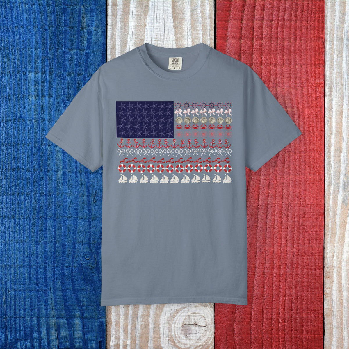 Comfort Colors American Flag Nautical Coquette Bow Anchor Shirt with Lobster and Crab Stars and Stripes July 4th Cruise Shirt