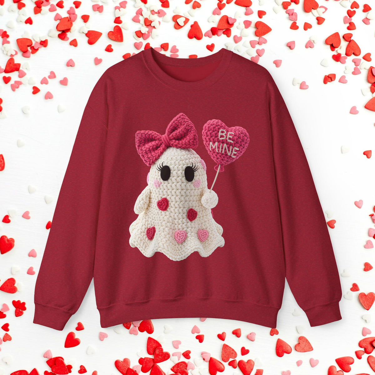 Be My Boo Ghost Sweatshirt, Faux Yarn Valentine Crewneck, Cute Ghost Sweater, Knitted Look Halloween Valentine, Heart Sweater